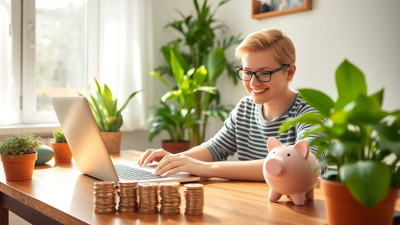 Pessoa feliz trabalhando em casa com dinheiro.