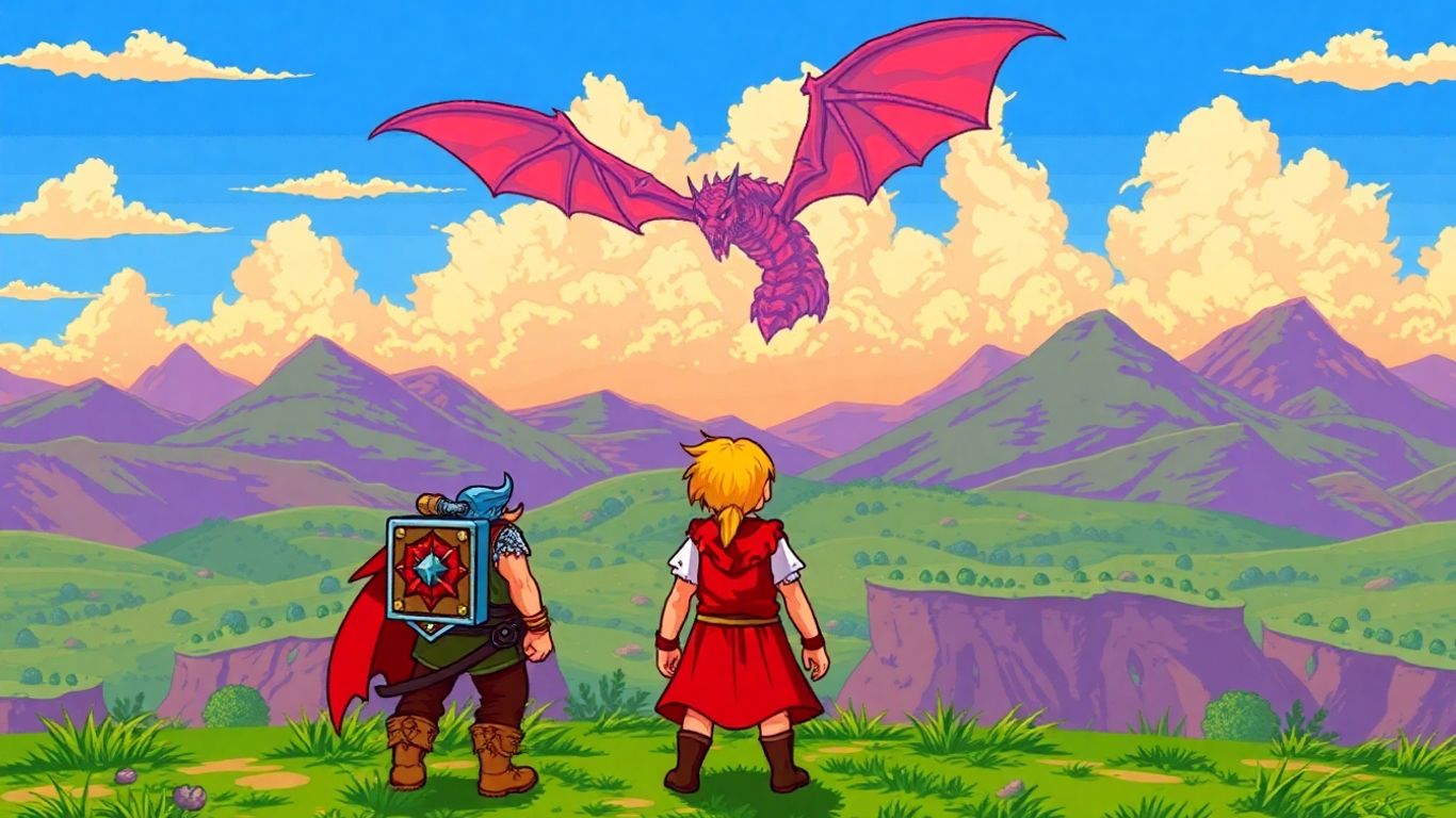 SNES RPG hero facing a pixelated world and dragon.