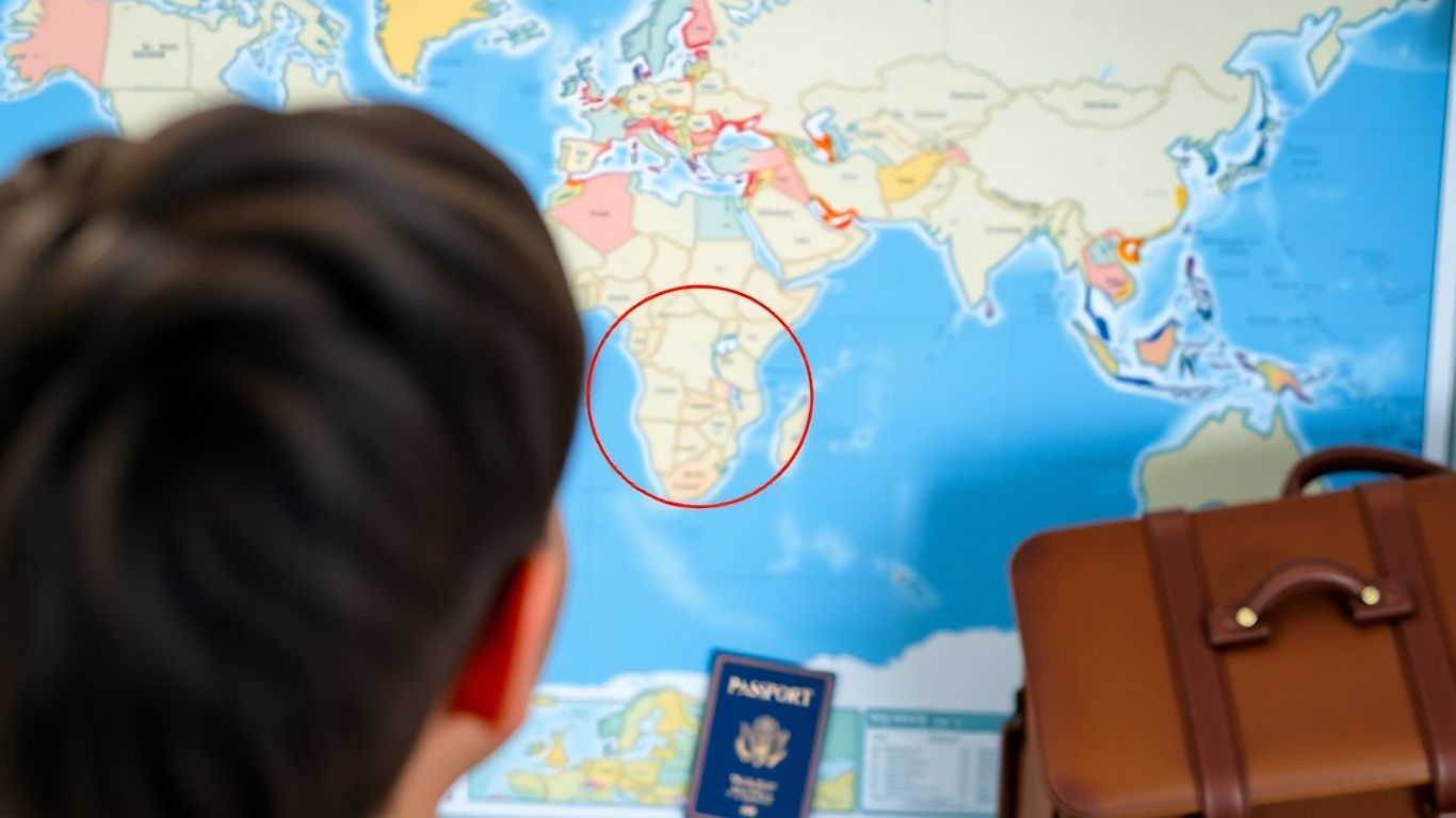 Person wählt Reiseziel auf Weltkarte aus.