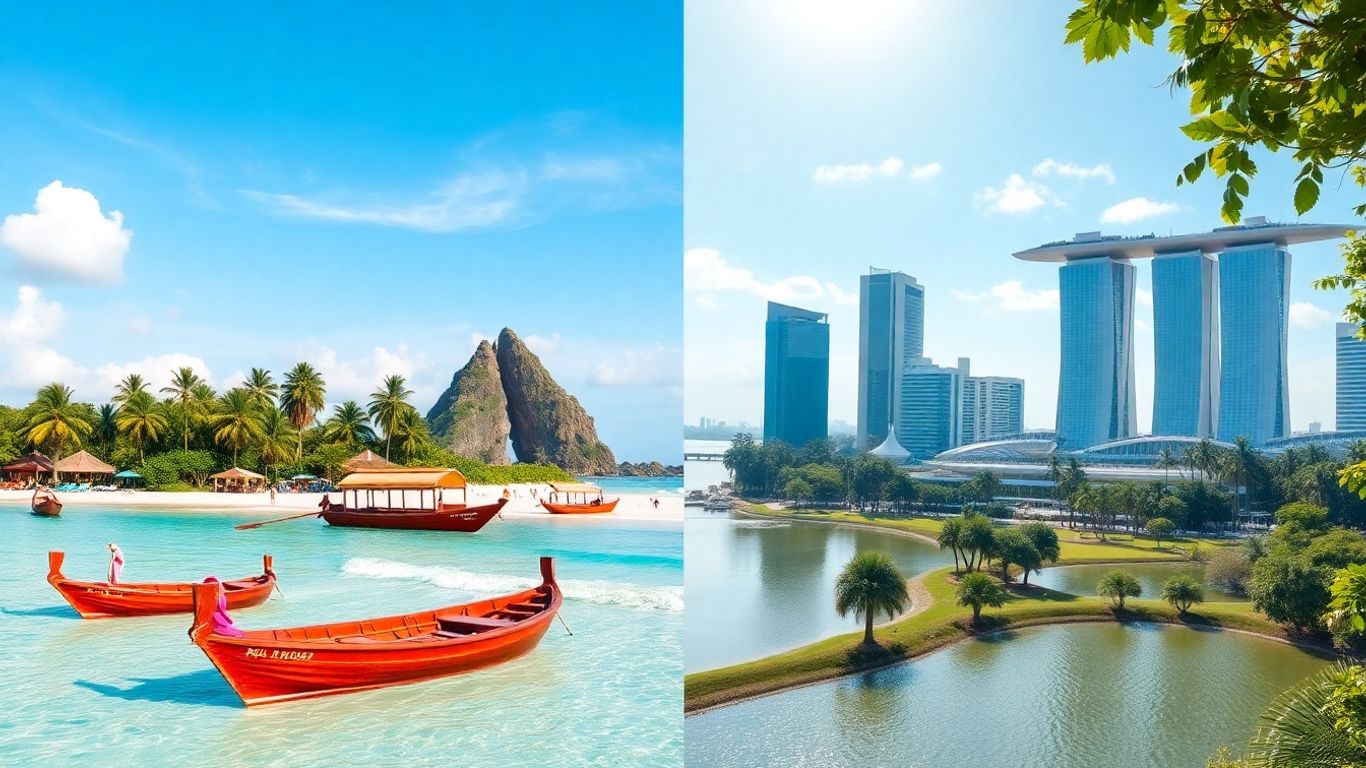 Phuket beach and Singapore skyline side by side.