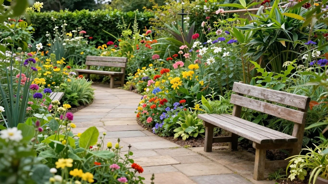 Landelijke tuin met bloemen en een pad