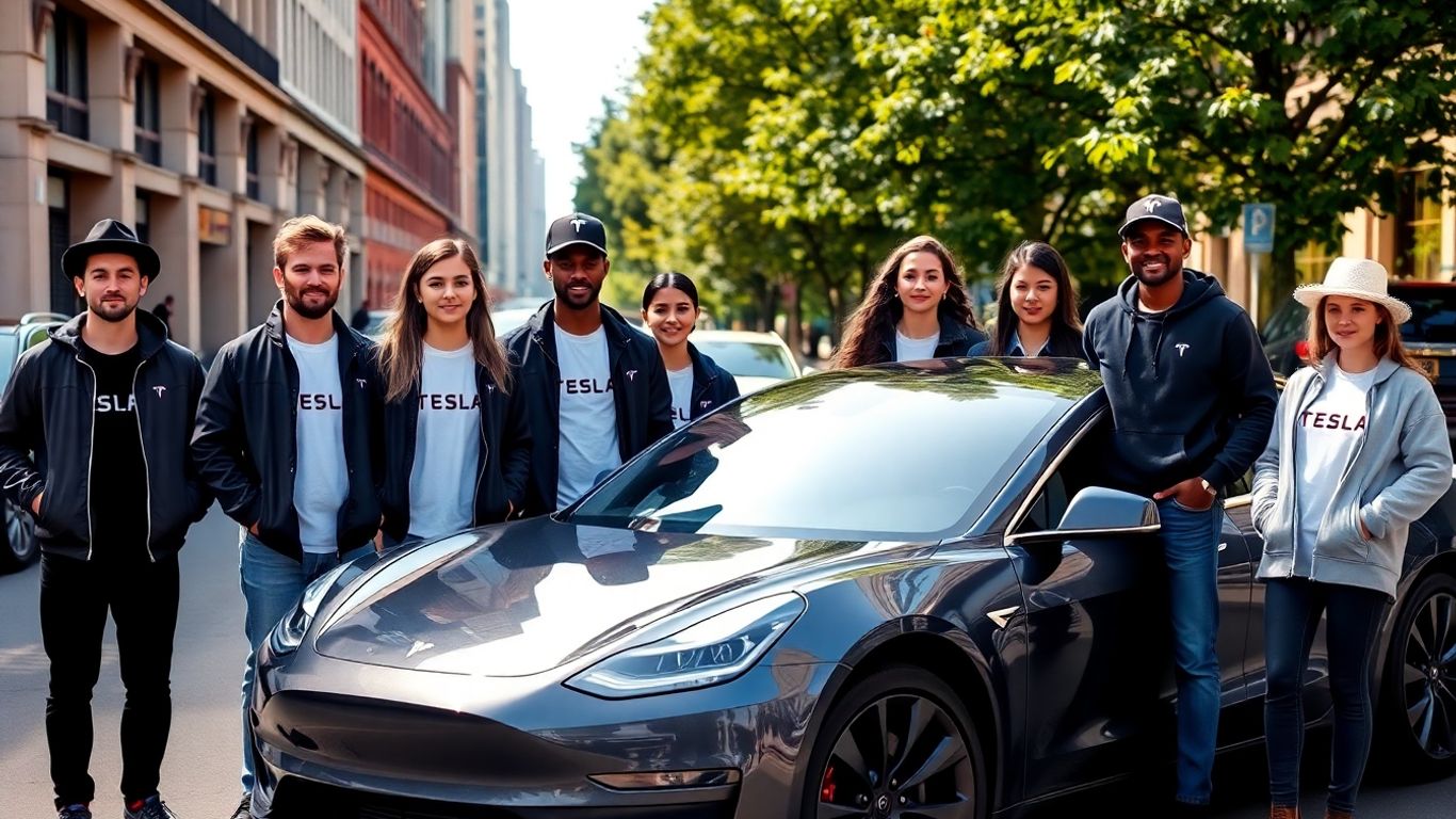 People wearing Tesla apparel beside a 2025 Tesla car