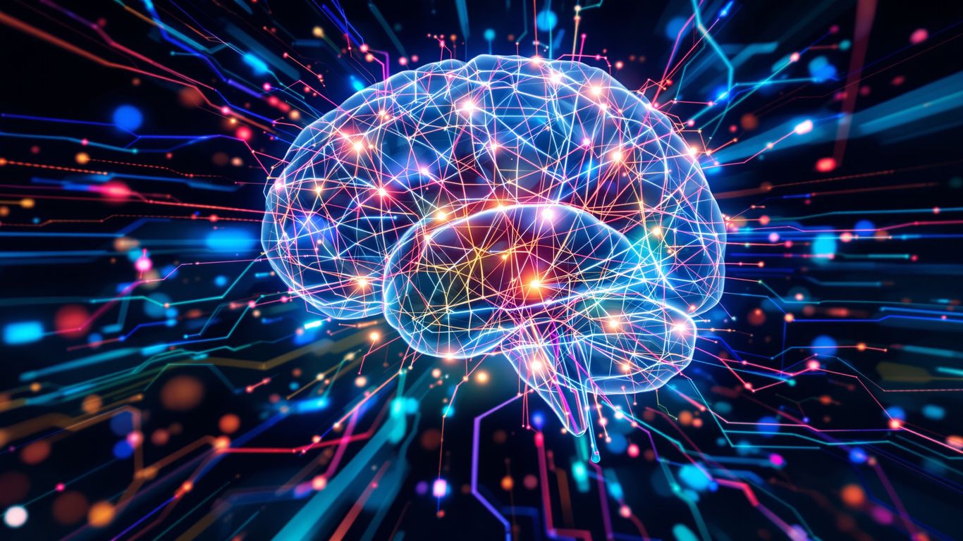 AI brain with glowing neural pathways and colorful light streams.