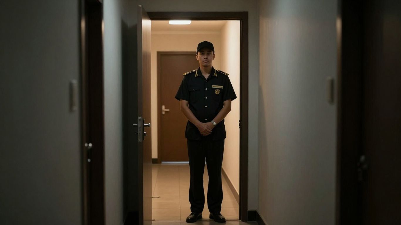 Night concierge on duty in a quiet hostel corridor.