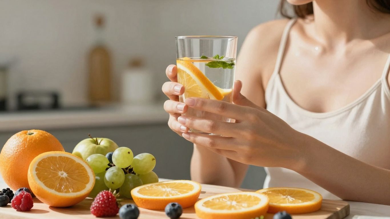 Femeie cu apă infuzată și fructe proaspete.