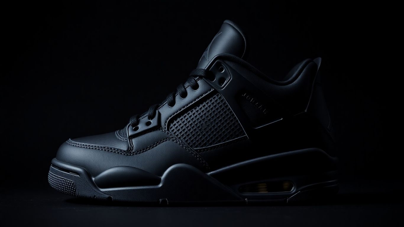 Jordan 4 Black Cat pe fundal negru, detaliat.