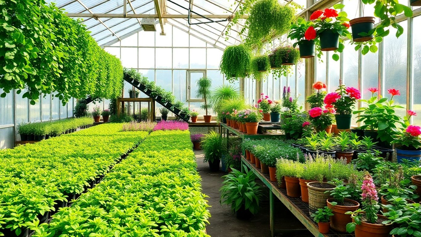 Seră plină cu plante verzi și flori colorate.