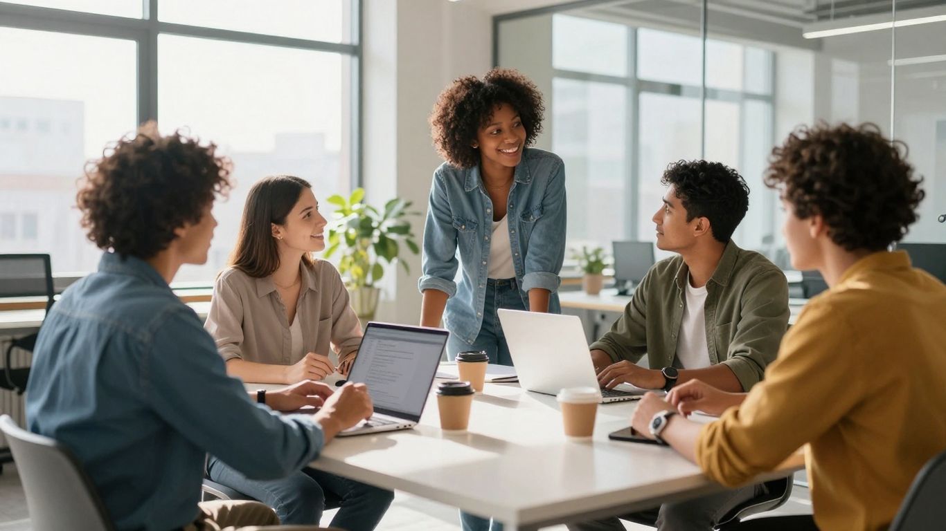 Team collaborating in a modern office for digital growth.