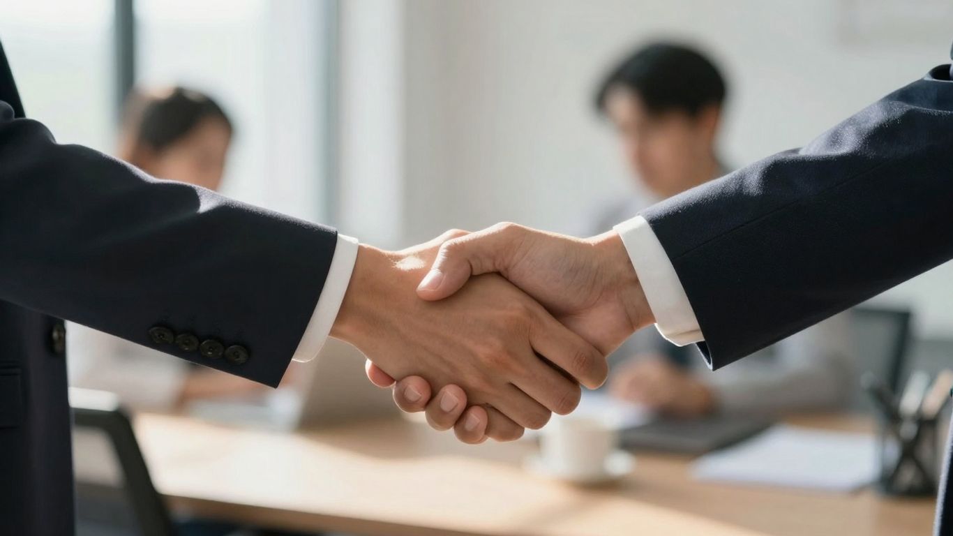 Two people shaking hands in a business setting.