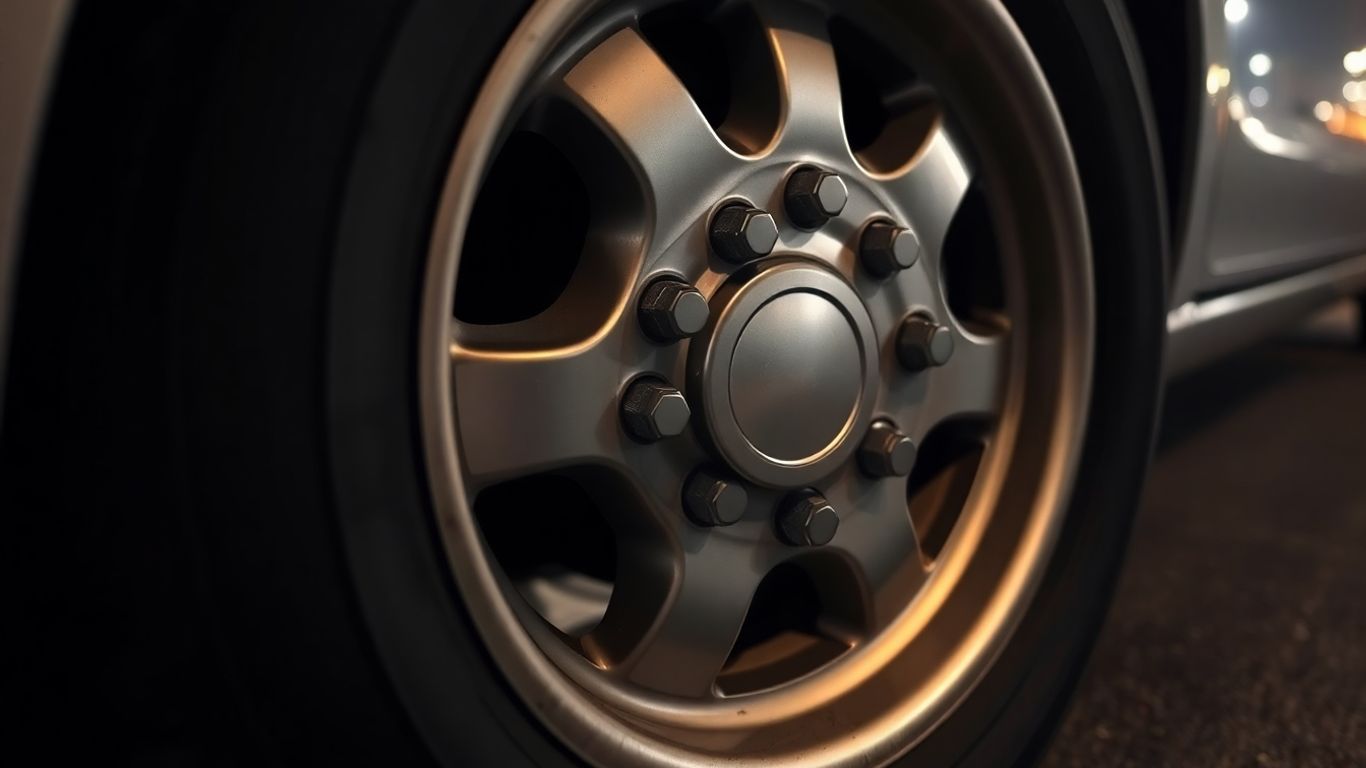 Car tire with missing hubcap in parking lot.