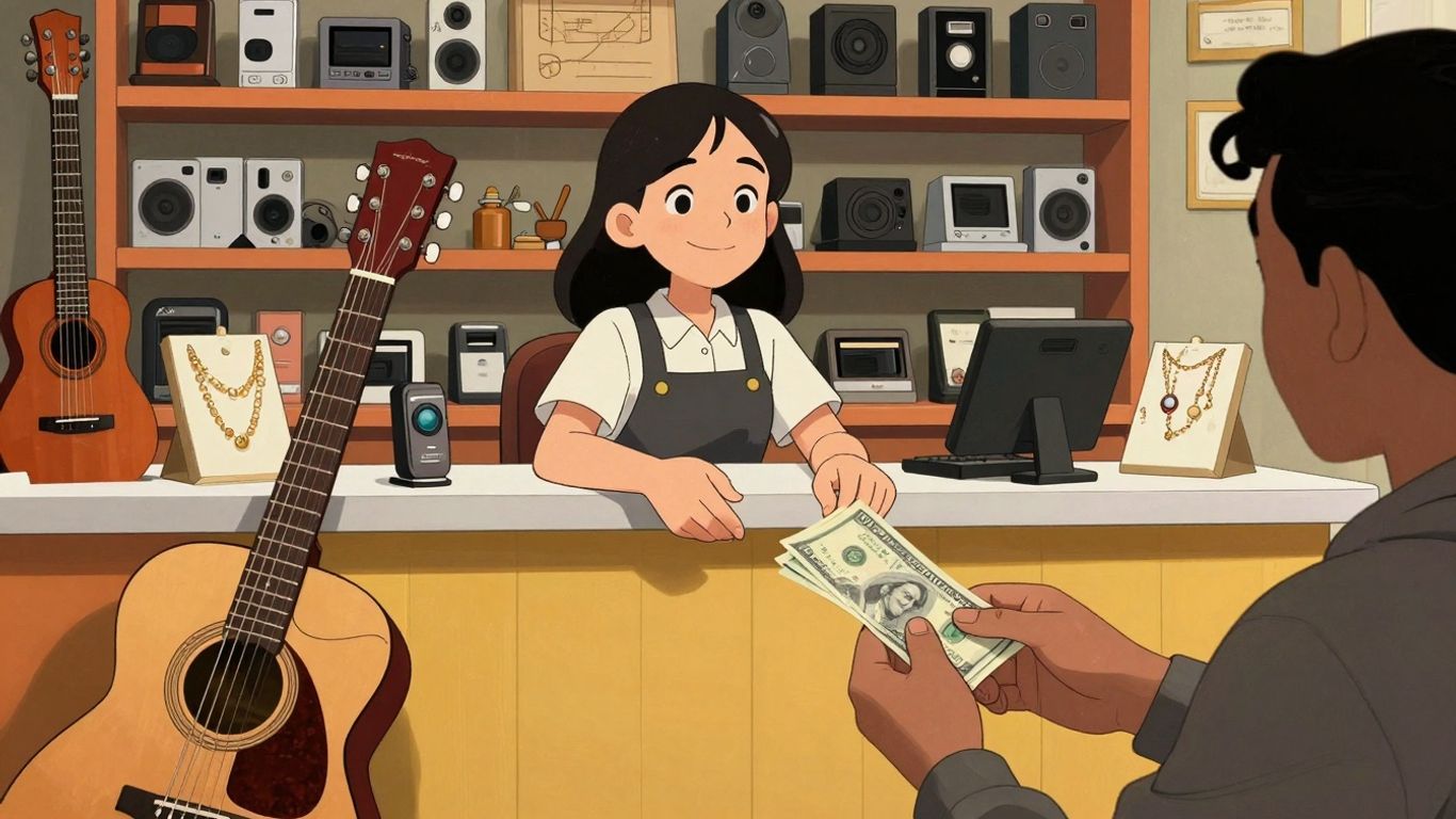 Pawn shop transaction with customer and pawnbroker.