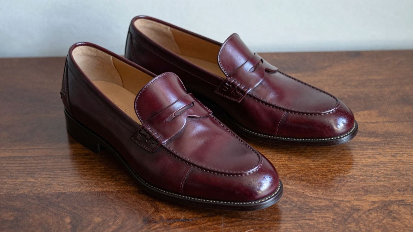 Classic cordovan penny loafers on a wooden surface.