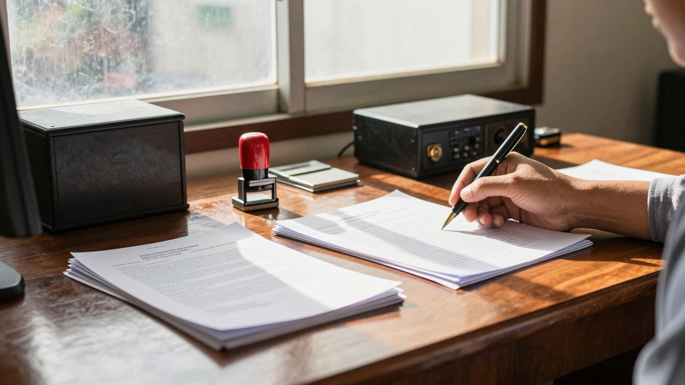 Notary signing property documents in Labuan Bajo office.