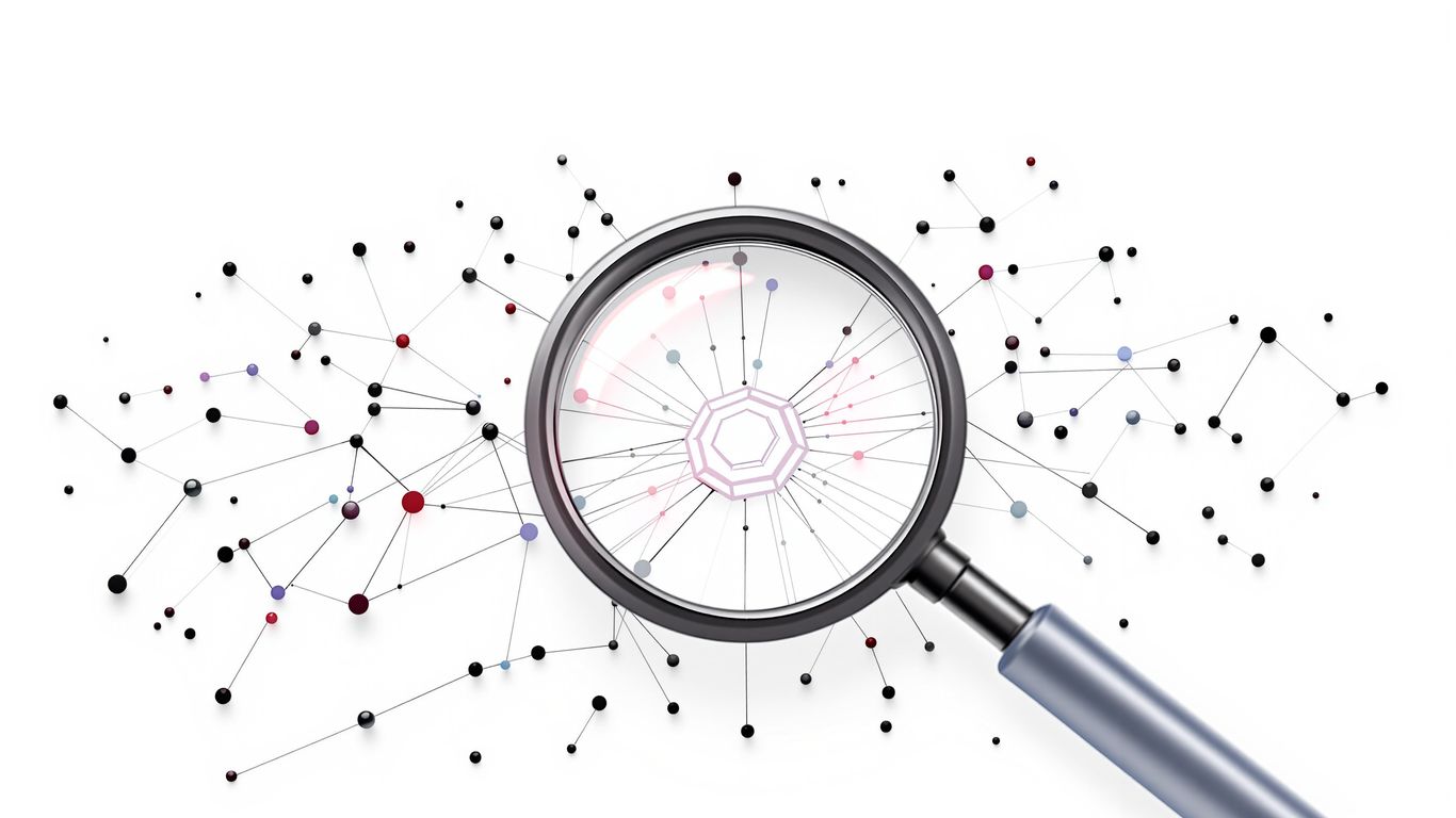 Magnifying glass over glowing digital network nodes
