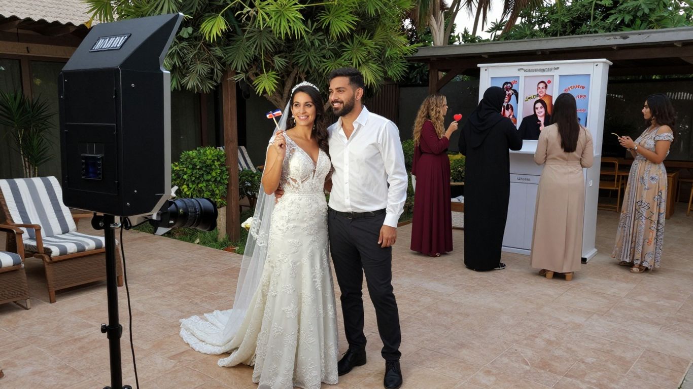 Hochzeitspaar und Fotobox mit Gästen