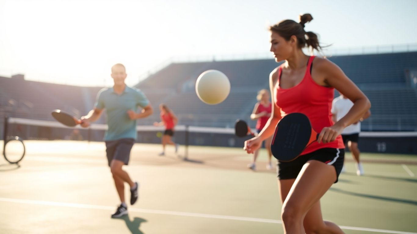 Pickleball players in action on a court.