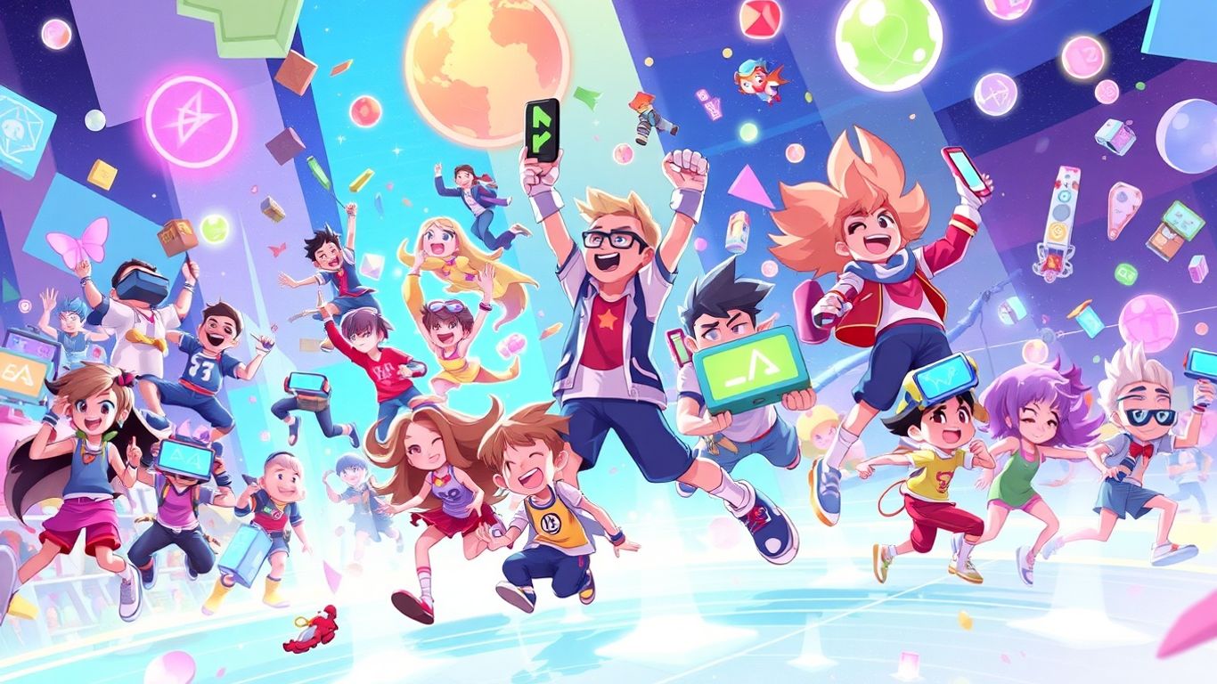 Vibrant game world with diverse characters having fun.