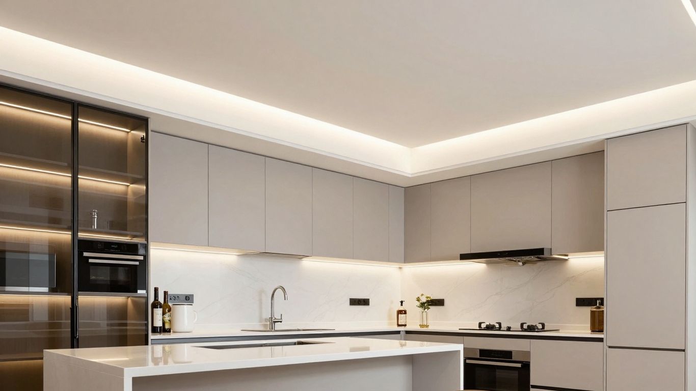Kitchen with low ceilings lit by LED strips.