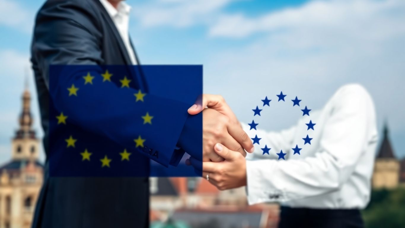 CIA and EU representatives shaking hands with European landmarks.