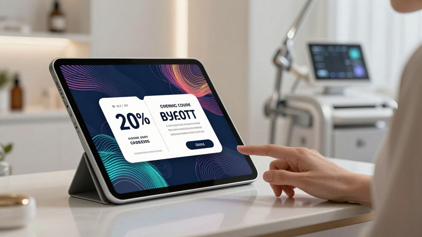 Medspa coupon offer on a tablet with digital patterns.