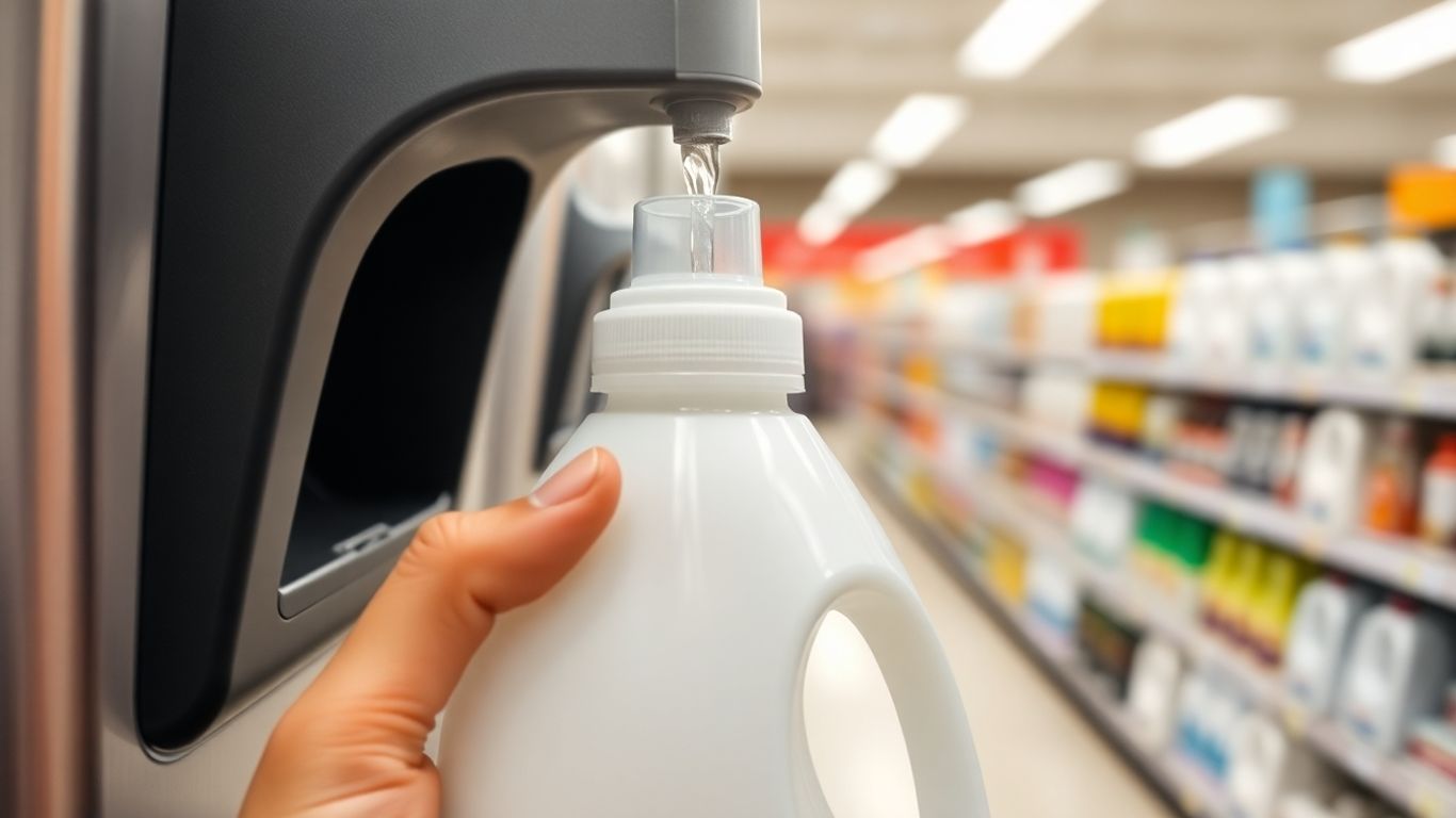 Stație de reumplere detergent cu sticlă reutilizabilă.