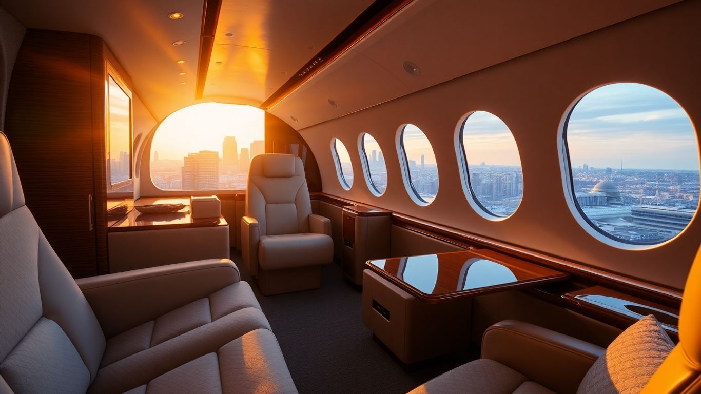 Luxury private jet interior with city view