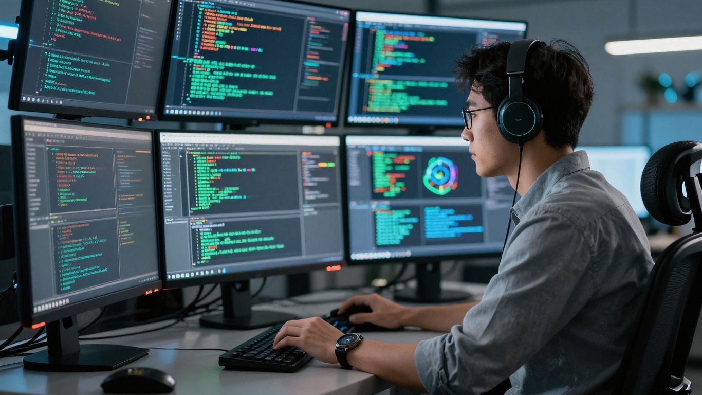 Specialist în securitate cibernetică lucrând la calculatoare.