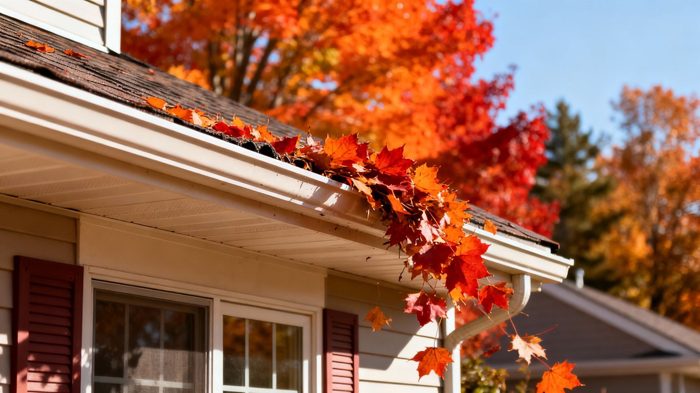 Homeowner clearing autumn leaves from gutter