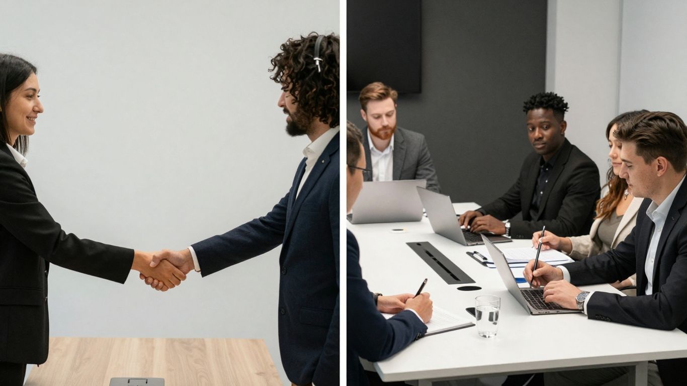 People shaking hands and collaborating in a meeting.