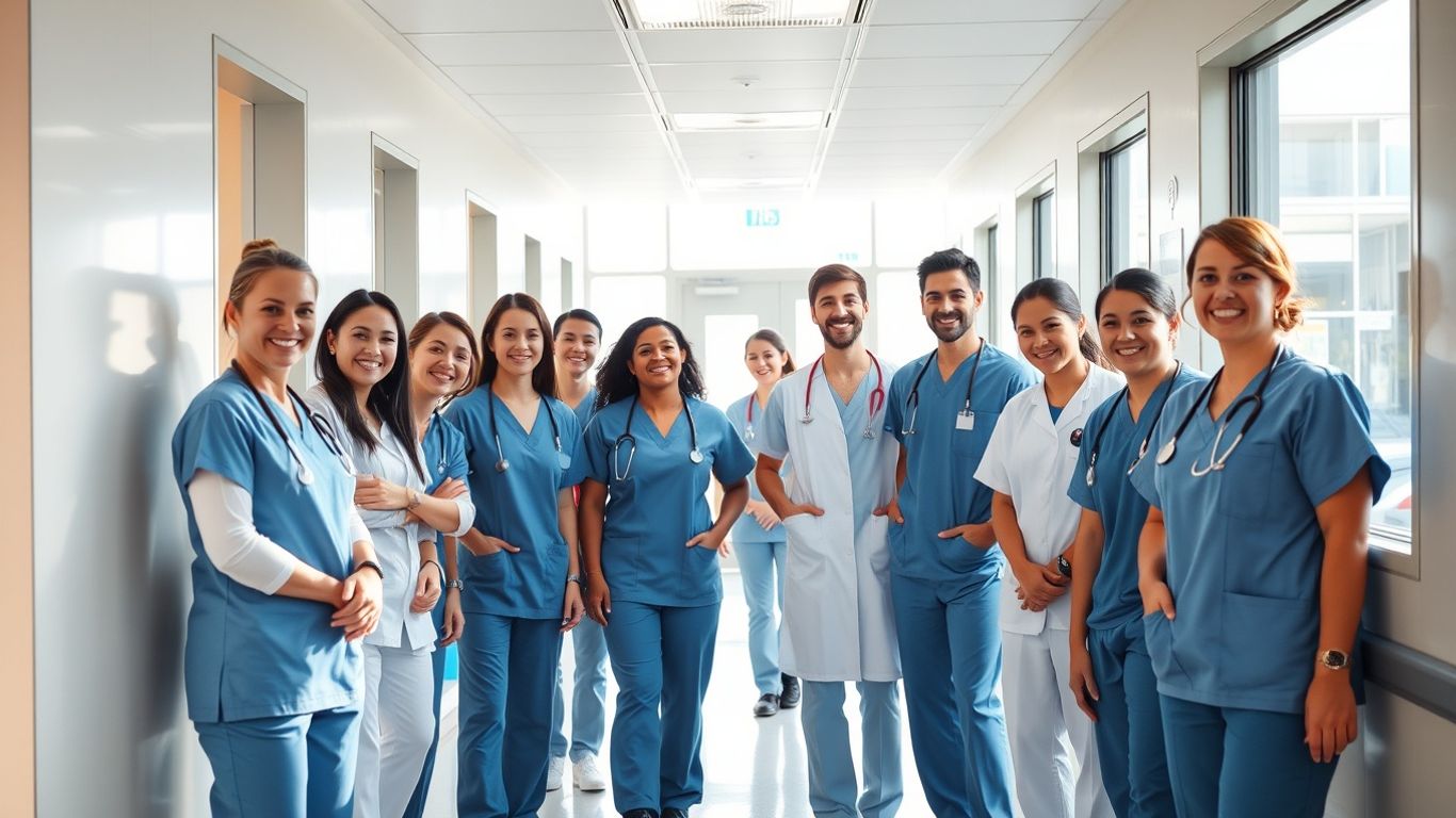 NHS professionals in a modern hospital hallway.