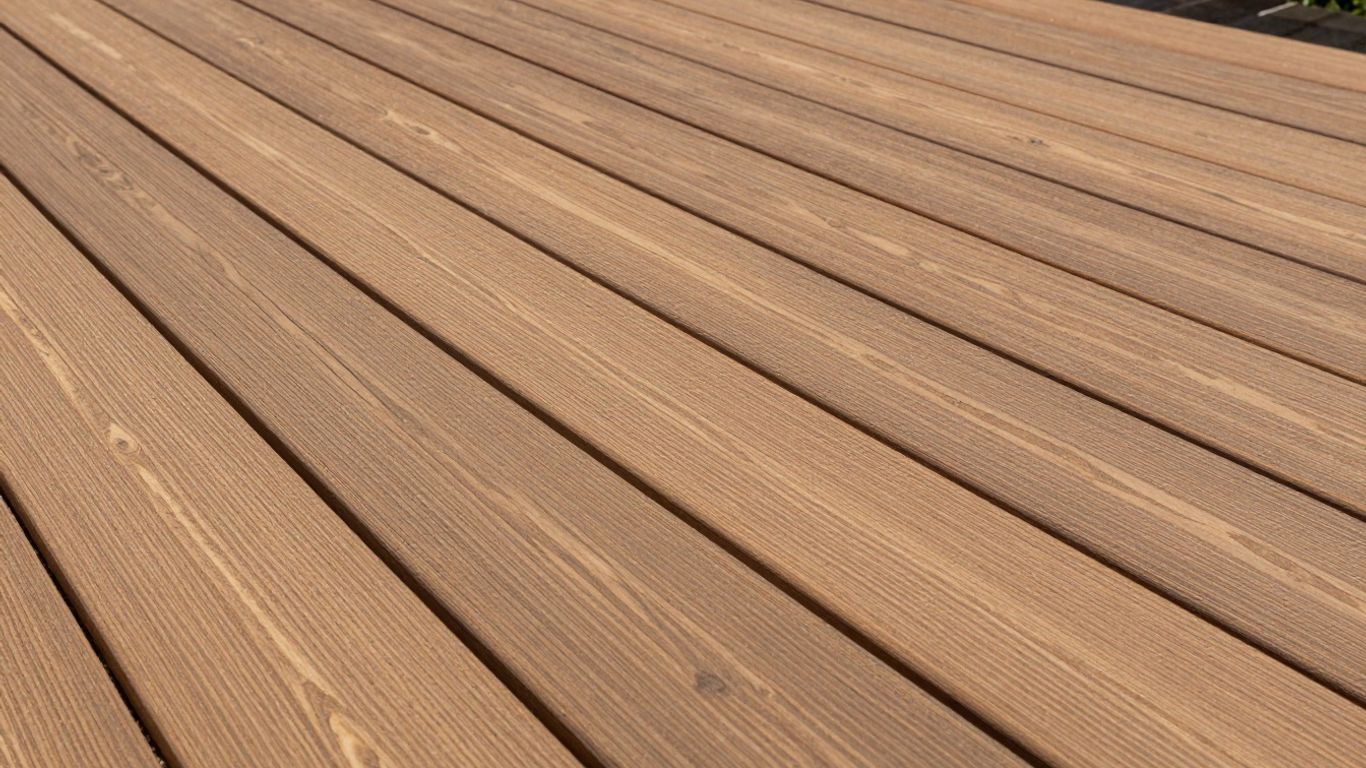 WPC Terrassendielen mit Holzmaserung im Sonnenlicht.