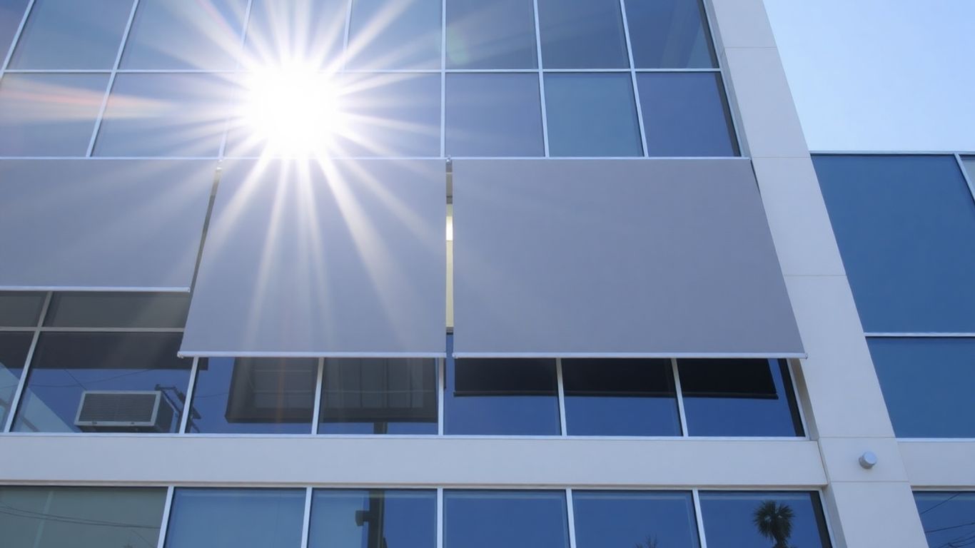 Custom window shades on large commercial building windows.