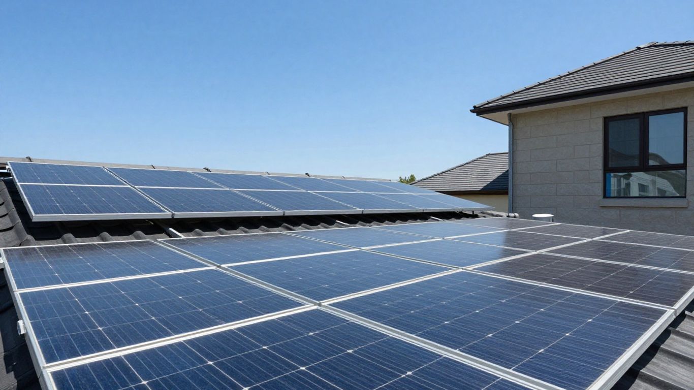 Pannelli solari su un tetto con cielo blu.