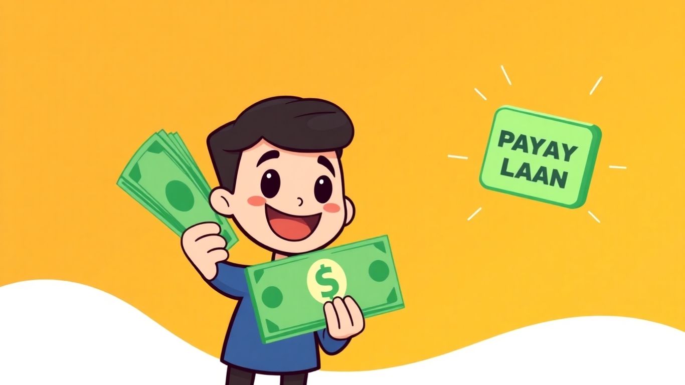 Cartoon character holding cash with payday loan icon.