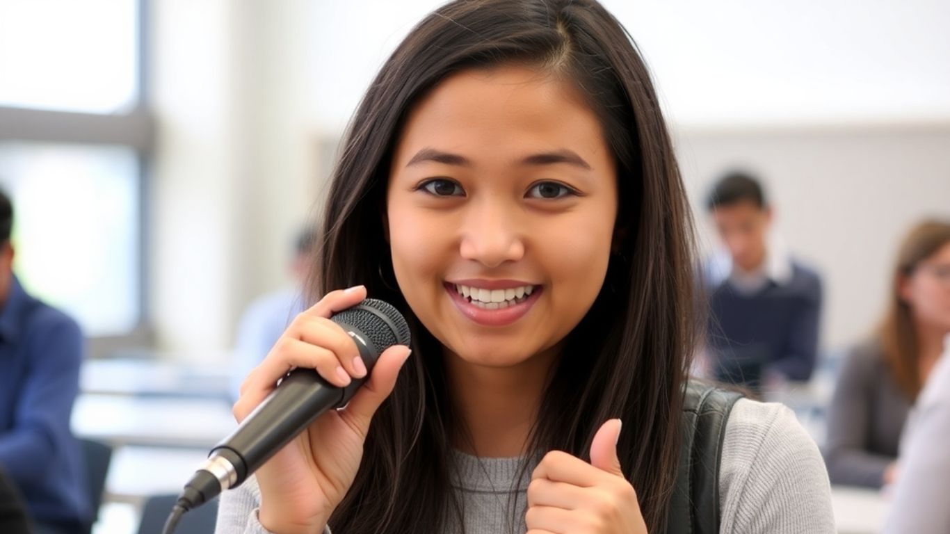 Student speaking confidently into a microphone for TOEFL test.