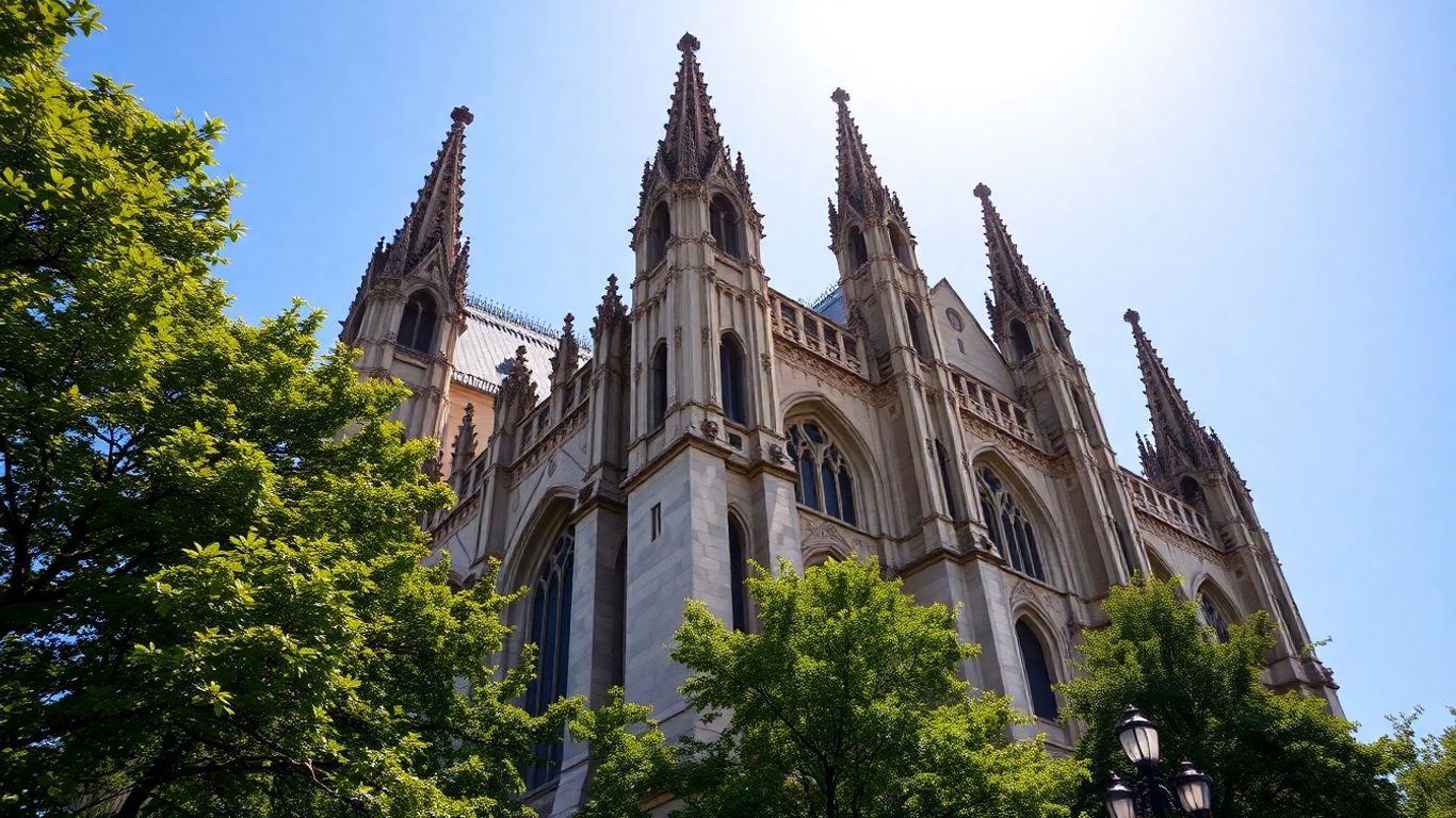 Burgos Cathedral's ornate Gothic spires against a blue sky.