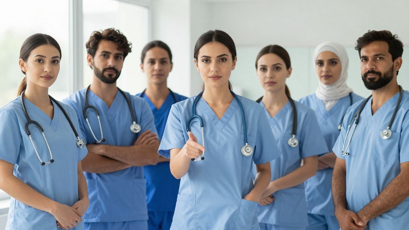 Nurses in a modern setting, looking towards the future.