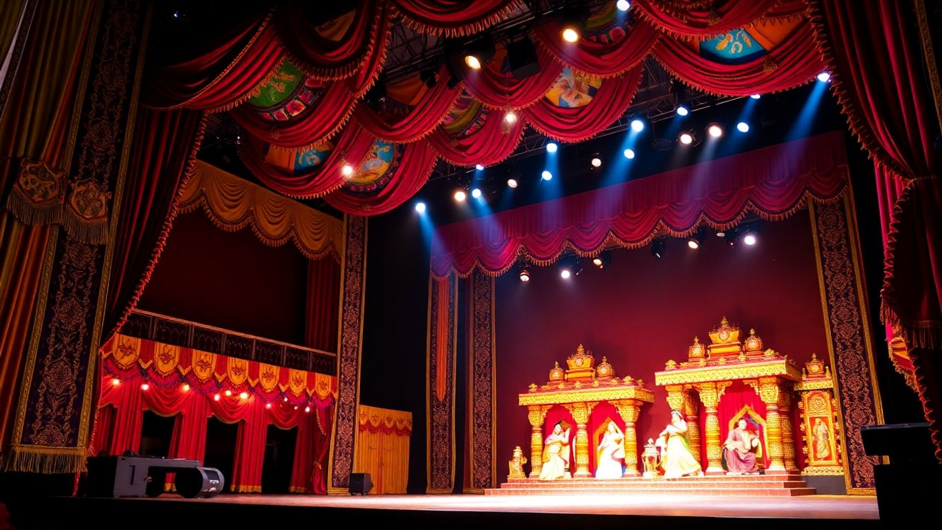 Colourful Indian theatre stage with intricate designs.