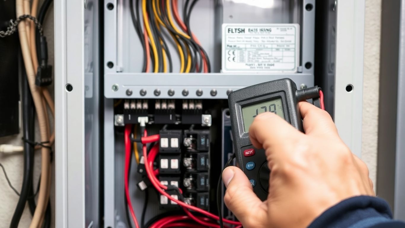 Technician checking an electrical installation with a device.