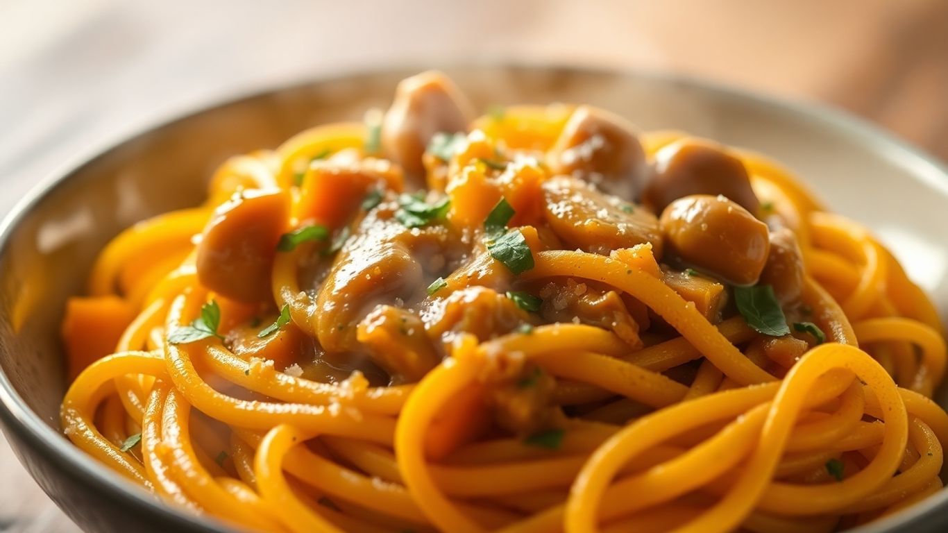 Butternut squash pasta with chestnut sauce and herbs.