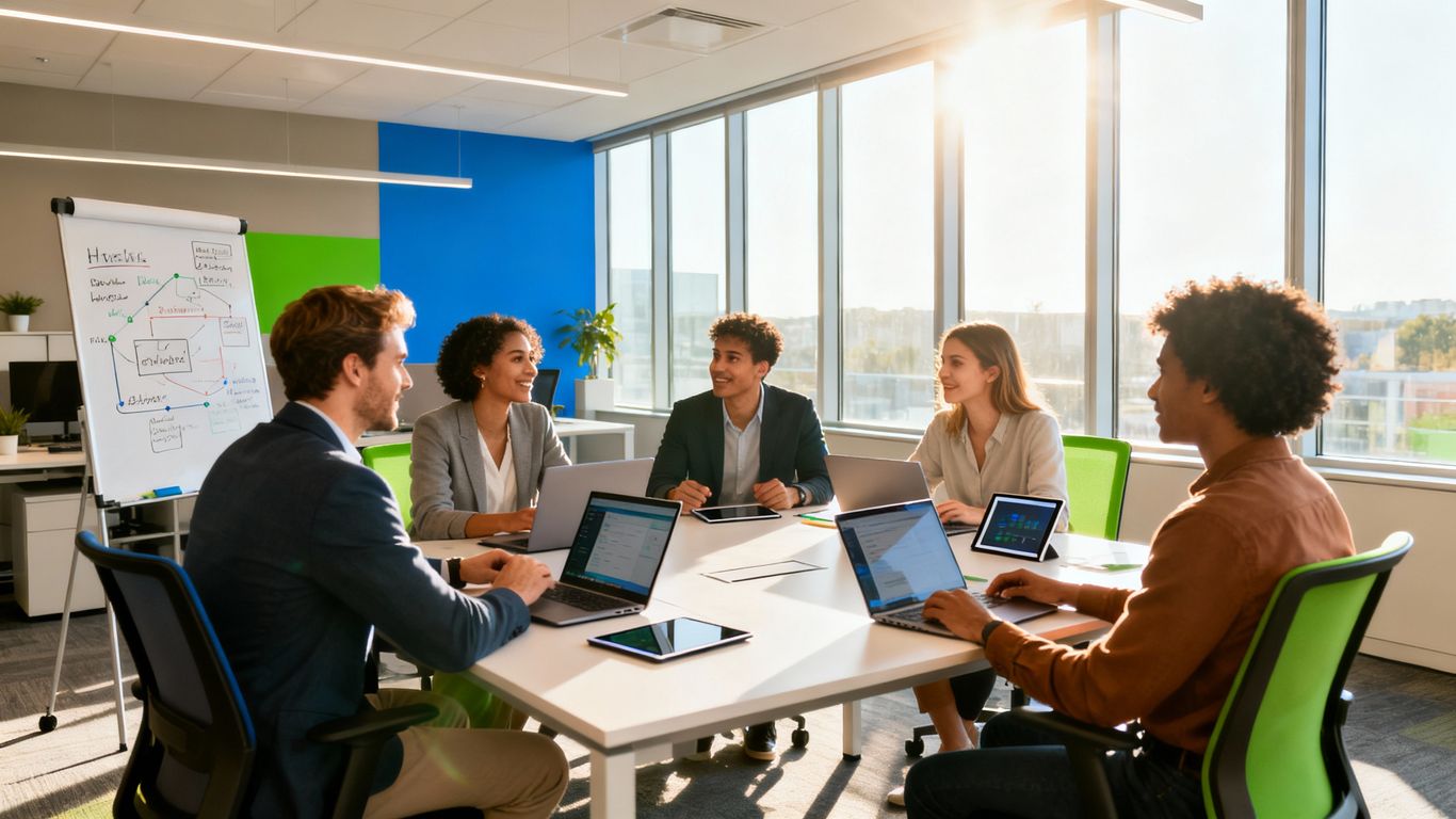 Business professionals collaborating in a modern office environment.