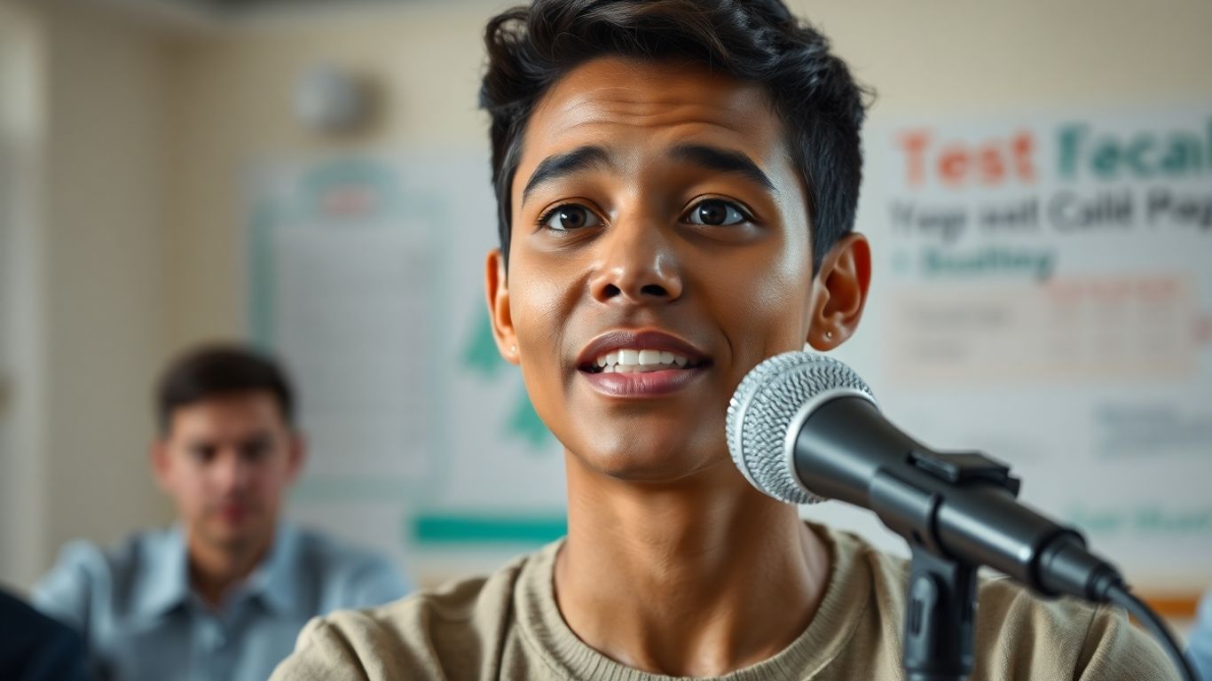 Person speaking into microphone for TOEFL iBT test