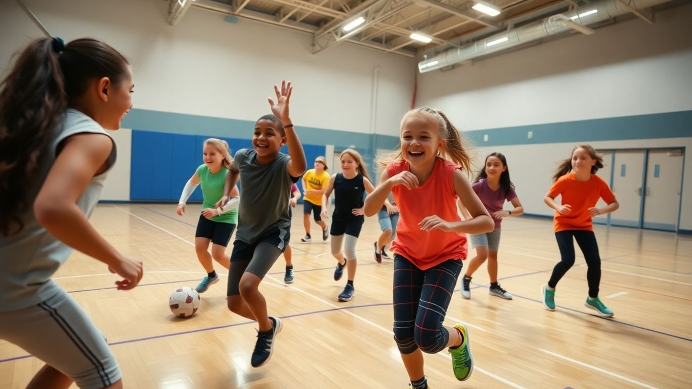 Schüler spielen energisch Aufwärmspiel im Sportunterricht