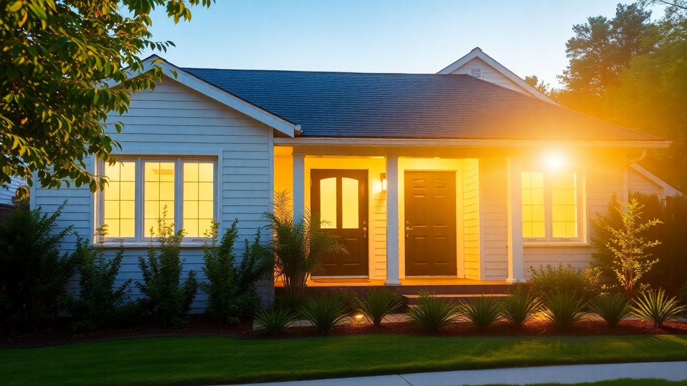 Casa moderna con jardín soleado y ventanas iluminadas.