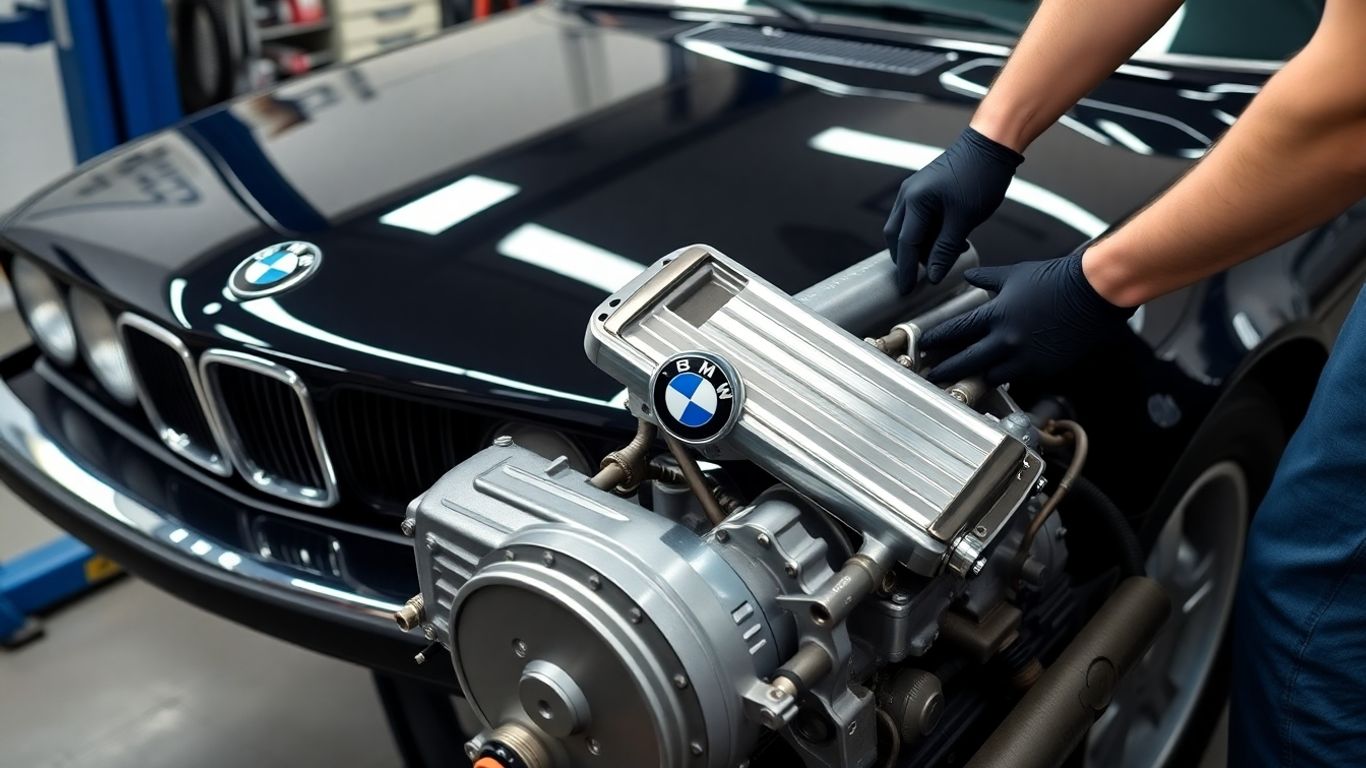 BMW car receiving new engine parts in a workshop.