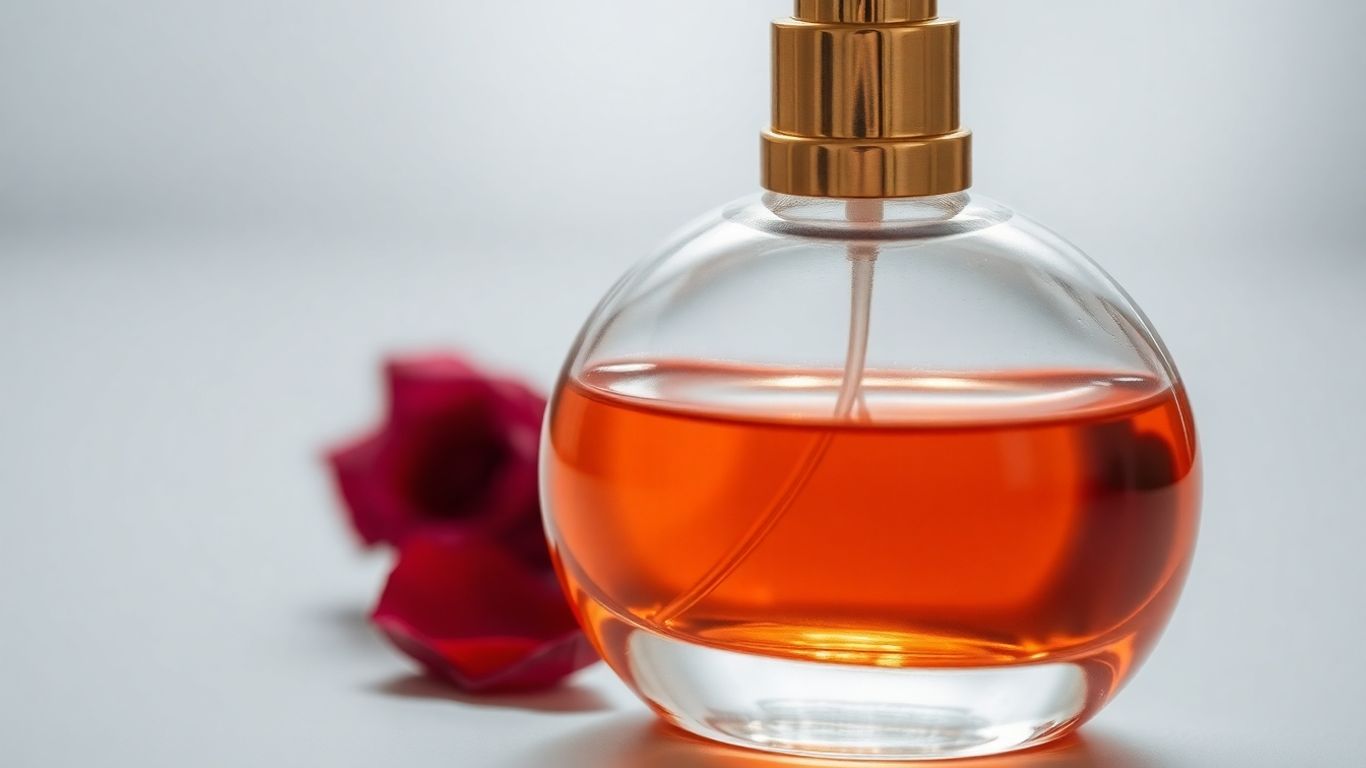 Elegant perfume bottle with rose petals.