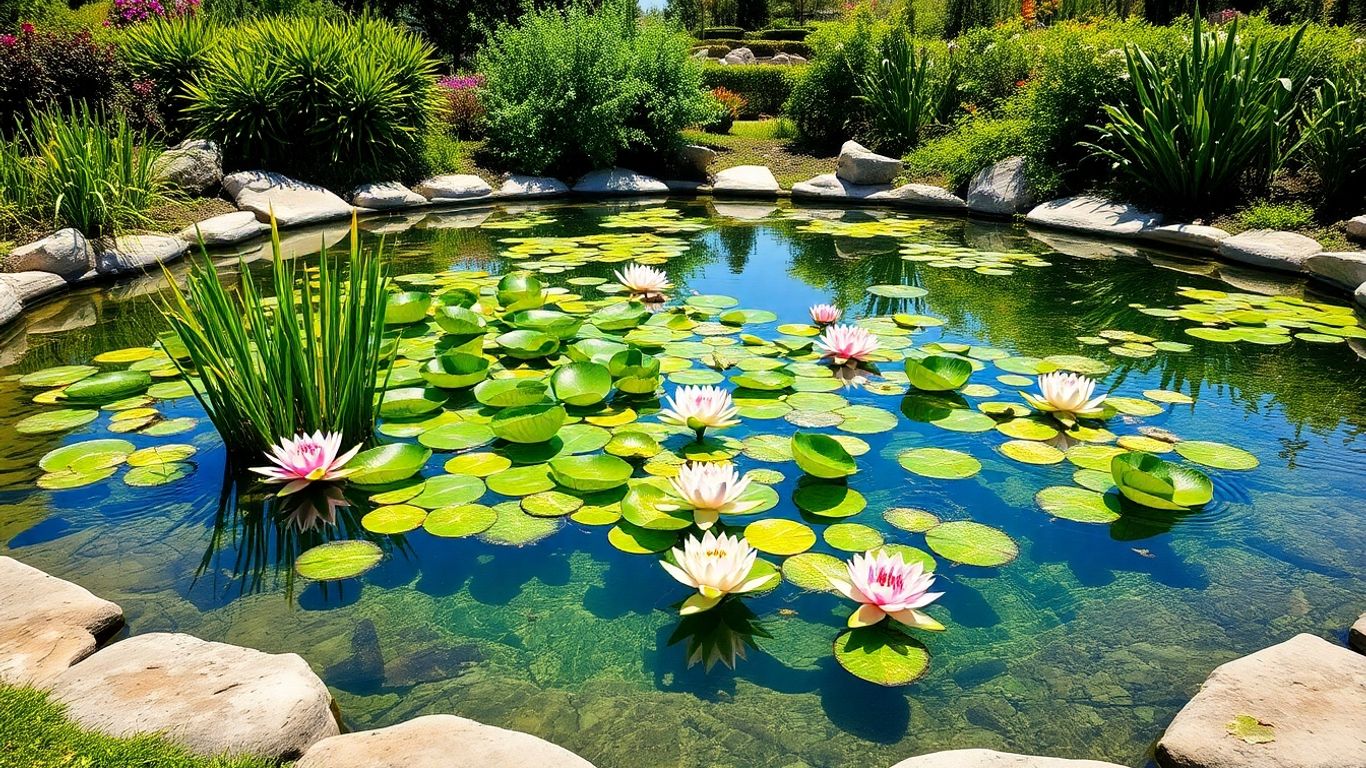 Lago ornamental com plantas aquáticas e paisagismo natural.