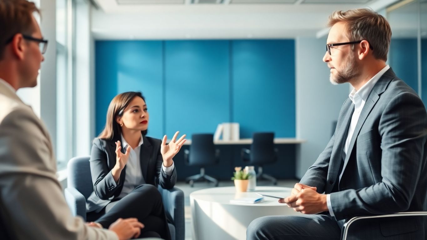 Checkliste: Welche Pflichtangaben müssen in einem Werkvertrag stehen? Zwei Personen im Gespräch in einem modernen Büro.