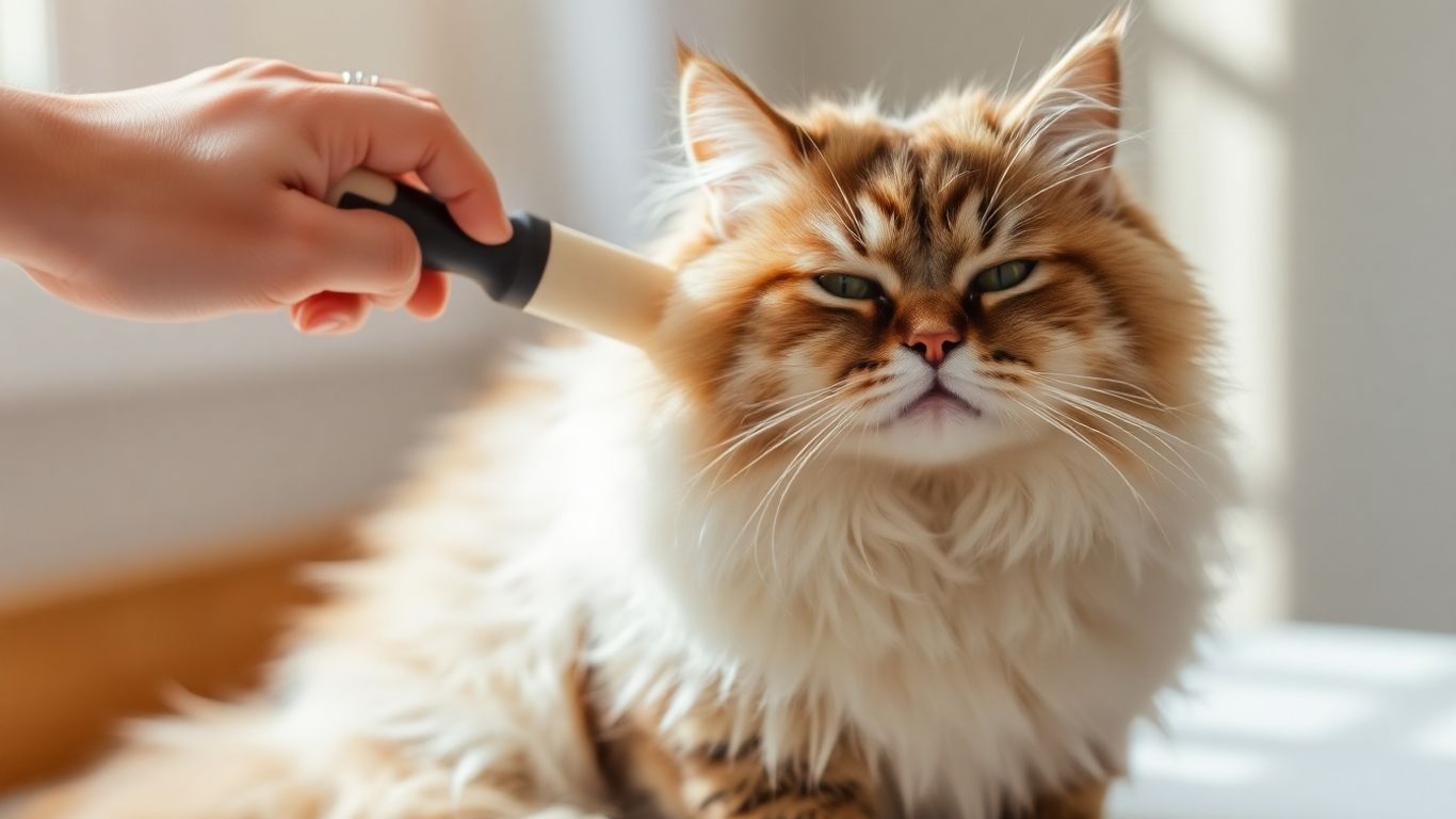 Cat enjoying a gentle brushing session with a grooming tool.