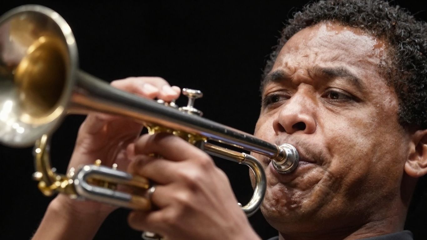 Trompeter spielt hohe Töne mit Konzentration.